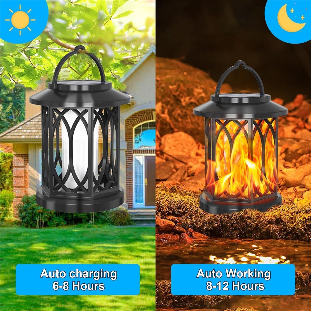 2Pcs Solar Flame Effect Lantern Design LED Flickering Light IP65 Waterproof Clip Hook Garden Light