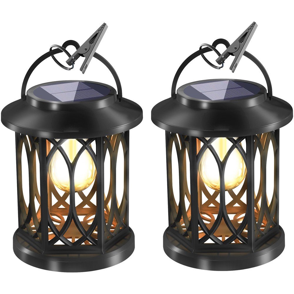 2Pcs Solar Flame Effect Lantern Design LED Flickering Light IP65 Waterproof Clip Hook Garden Light