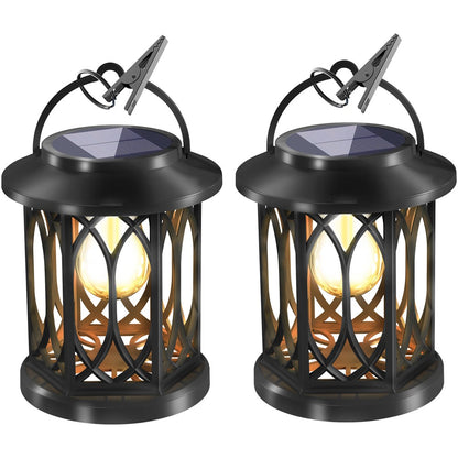 2Pcs Solar Flame Effect Lantern Design LED Flickering Light IP65 Waterproof Clip Hook Garden Light