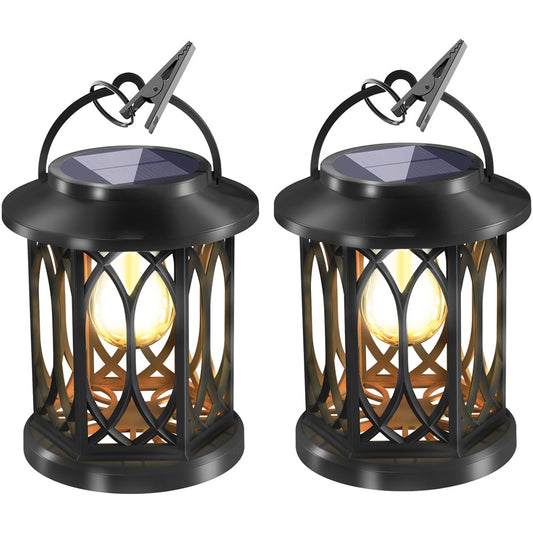 2Pcs Solar Flame Effect Lantern Design LED Flickering Light IP65 Waterproof Clip Hook Garden Light