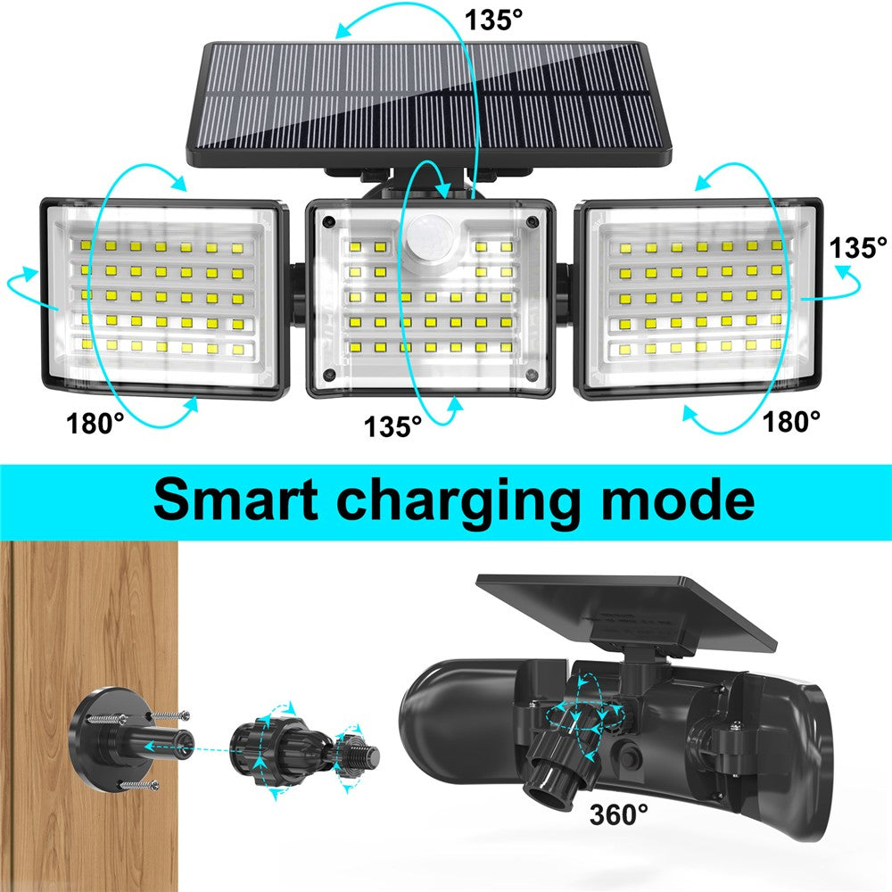YY-20993 2Pcs Solar Powered 3-Head 99 LED Security Light PIR Motion Sensor IP65 Waterproof Wall Lamp for Yard Garden Garage