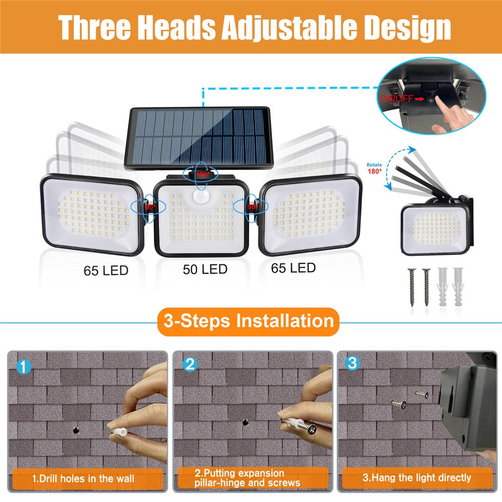 YY-21803 Solar Powered 180-LED Motion Sensor Wall Light 3-Head Rotatable Spotlight 400 Lumens IP65 Waterproof Security Lamp for Outdoor Garden