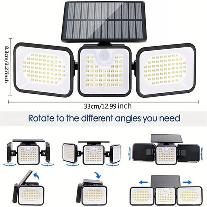 YY-21803 Solar Powered 180-LED Motion Sensor Wall Light 3-Head Rotatable Spotlight 400 Lumens IP65 Waterproof Security Lamp for Outdoor Garden