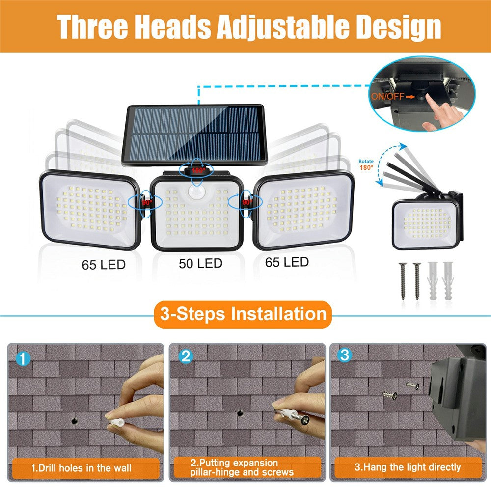 YY-21803 2Pcs Solar Powered Security Light 180-LED 3-Head Rotating IP65 Waterproof Motion Sensor Wall Lamp for Garden Yard Wall Mount