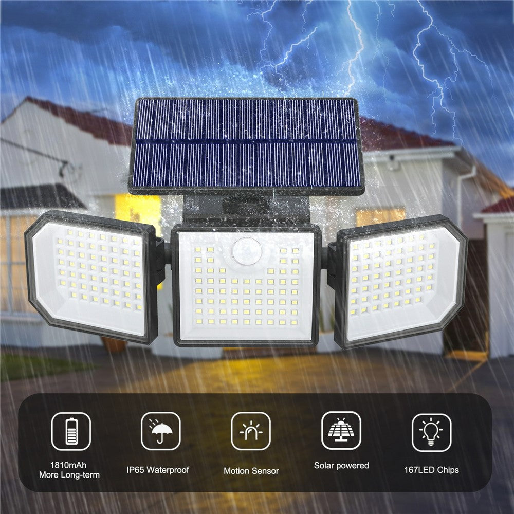 3-Head LED Solar Wall Light Motion Sensor 167-LED IP65 Waterproof Adjustable Security Light for Outdoor Garden