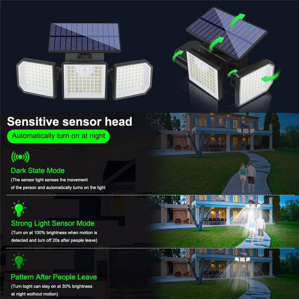 3-Head LED Solar Wall Light Motion Sensor 167-LED IP65 Waterproof Adjustable Security Light for Outdoor Garden