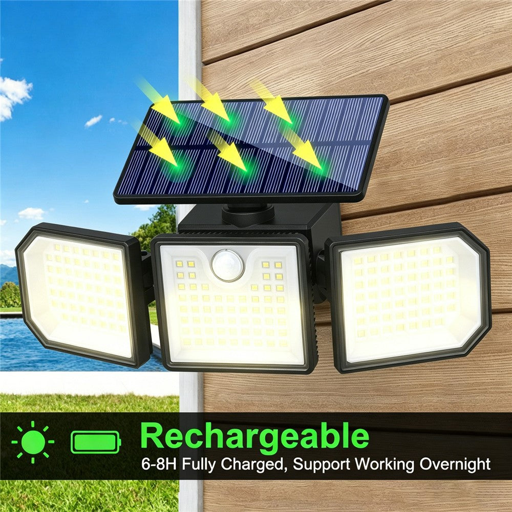 2Pcs 3-Head LED Solar Wall Light Motion Sensor 167-LED IP65 Waterproof Adjustable Security Light for Outdoor Garden