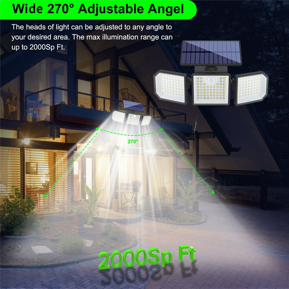 2Pcs 3-Head LED Solar Wall Light Motion Sensor 167-LED IP65 Waterproof Adjustable Security Light for Outdoor Garden