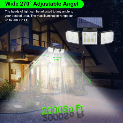 2Pcs 3-Head LED Solar Wall Light Motion Sensor 167-LED IP65 Waterproof Adjustable Security Light for Outdoor Garden