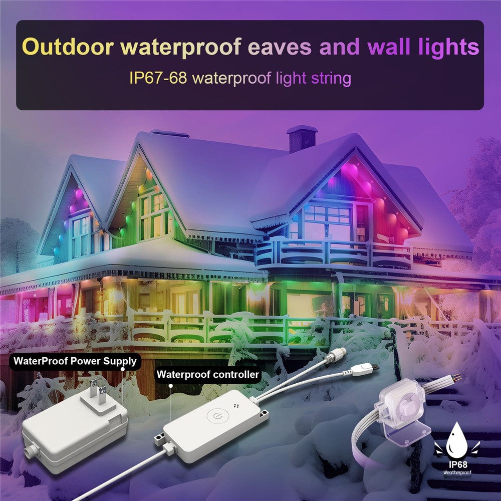 WY021 WiFi RGBIC Color Smart Lights 15M 30-LED Outdoor Eaves Light IP67 Waterproof APP Controlled