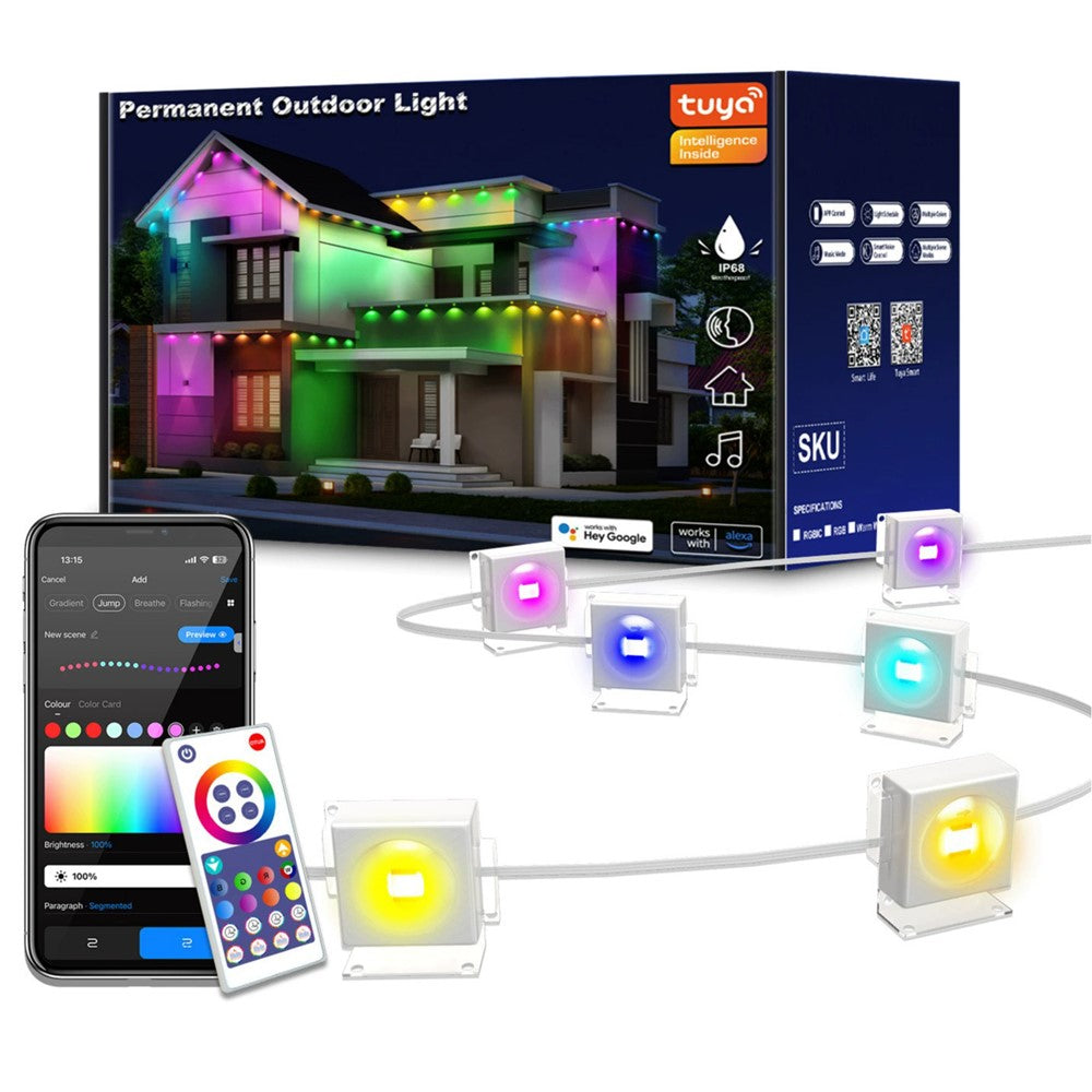 WY021 WiFi RGBIC Color Smart Lights 15M 30-LED Outdoor Eaves Light IP67 Waterproof APP Controlled