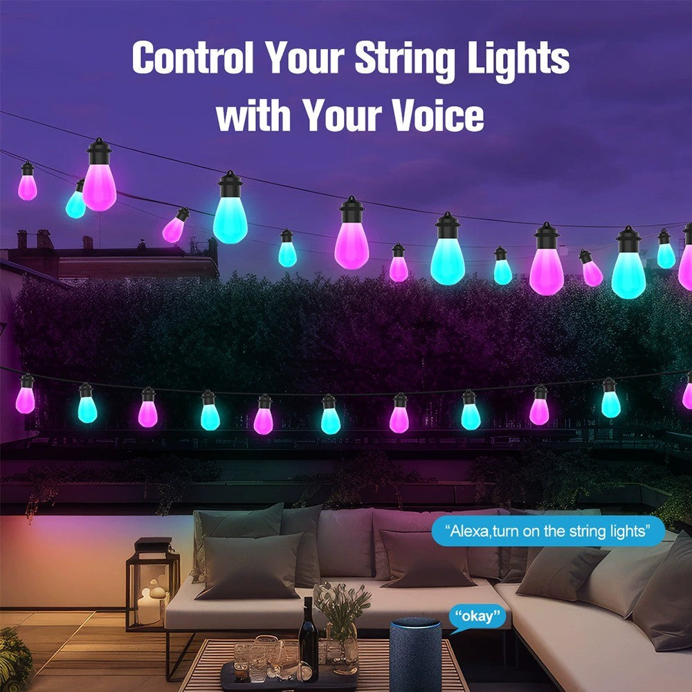 Outdoor Smart WiFi String Lights 12M 20 Bulbs IP65 Waterproof RGBIC WiFi BLE App Remote Control