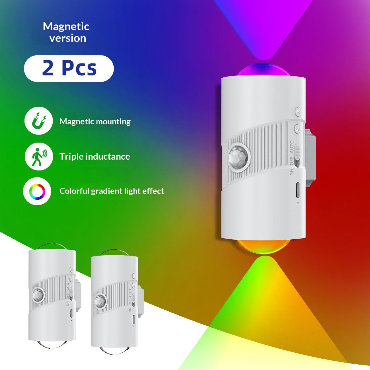 YSJ-008A 2Pcs RGB Night Light Smart Motion Sensor 4-level Brightness Magnetic Wall Light for Hallway