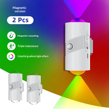 YSJ-008A 2Pcs RGB Night Light Smart Motion Sensor 4-level Brightness Magnetic Wall Light for Hallway
