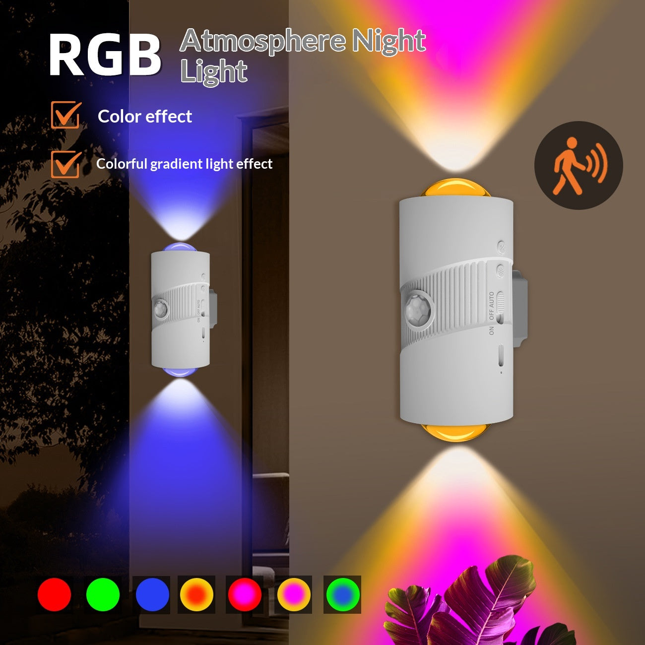 YSJ-008A 2Pcs RGB Night Light Smart Motion Sensor 4-level Brightness Magnetic Wall Light for Hallway