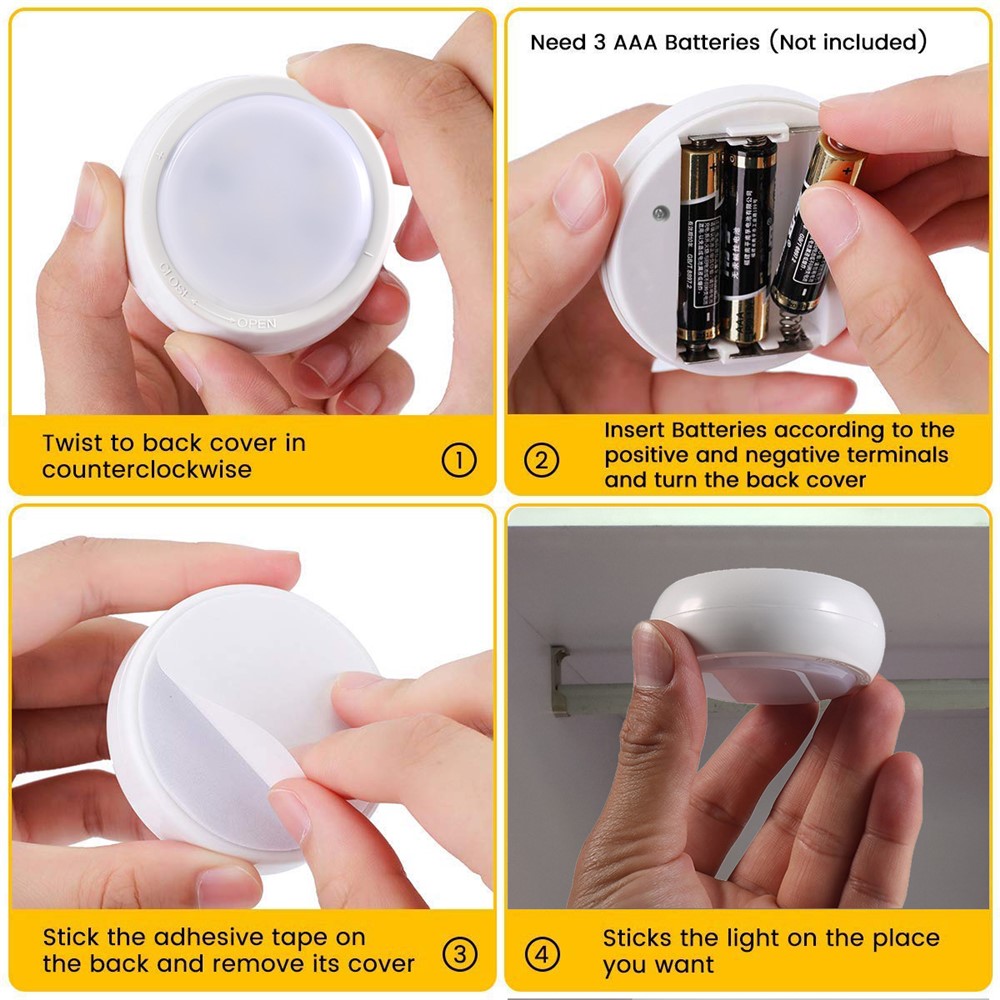 YD-002 3Pcs Remote Control RGBW Cabinet Light Battery Powered Dimmable Night Light for Kitchen Closet Stairs
