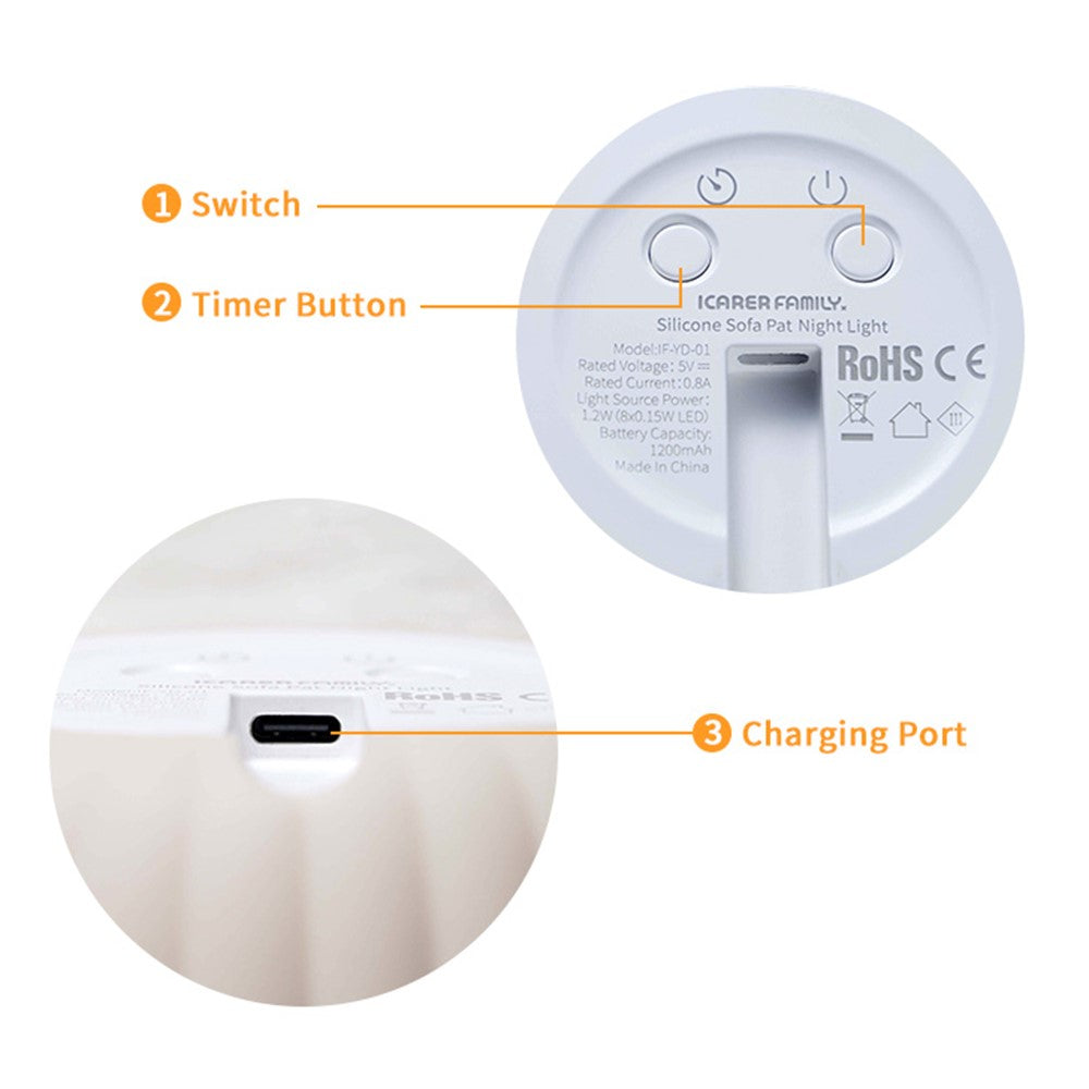 ICARER FAMILY Silicone Sofa Pat Night Light 3 Brightness Levels Timer Function Patting Lamp
