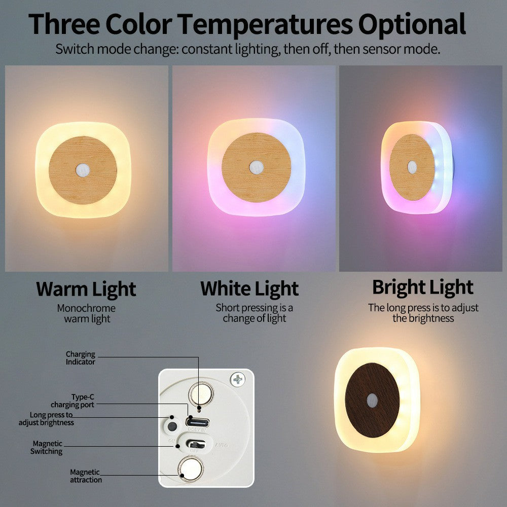 Square Night Light Motion Sensor Magnetic Base 3 Color Adjustable Ambient Wall Light