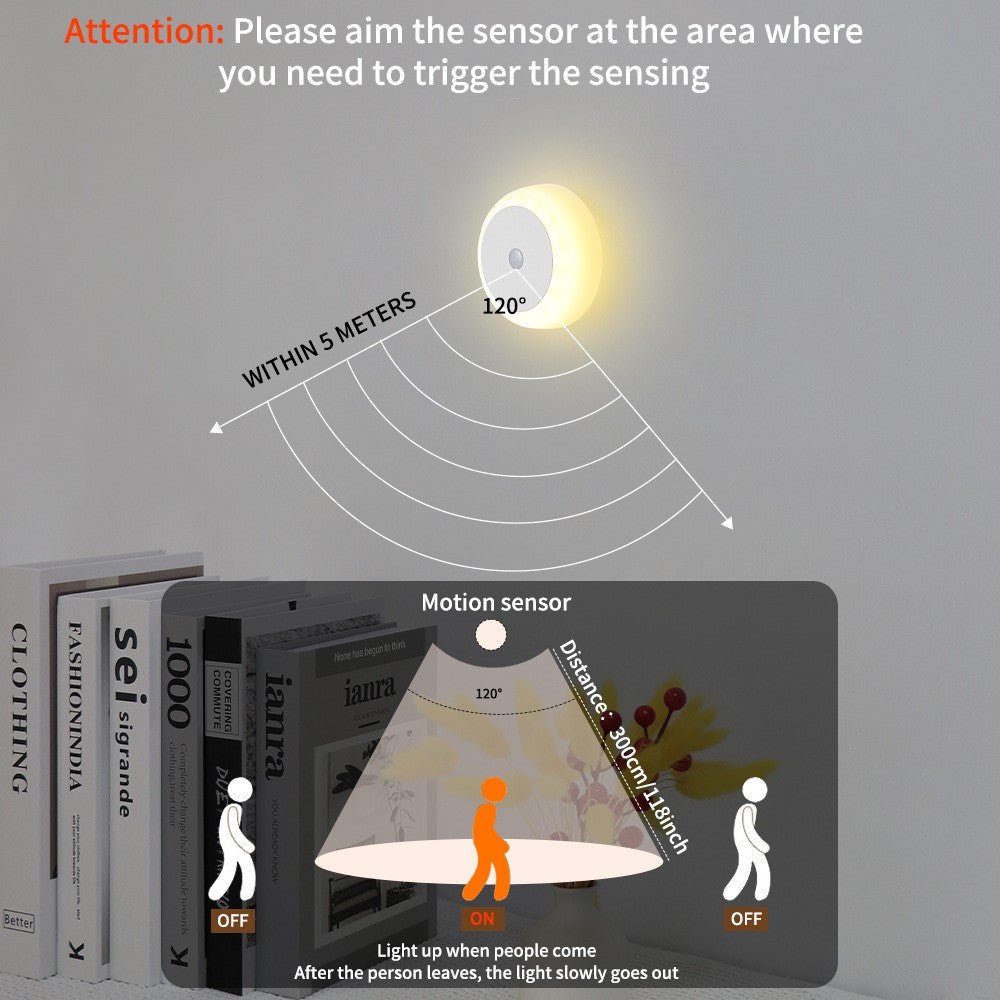 Round Wall Light Rechargeable Motion Sensor 3-Color Dimming LED Night Light with Magnetic Base