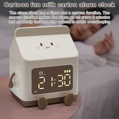 Milk Box Shape Clock with Snooze Kids LED Smart Clock Rechargeable Alarm Clock for Bedroom Room