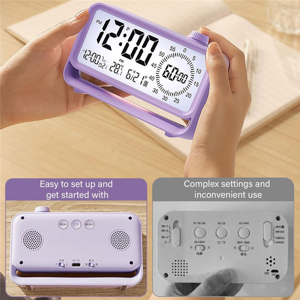 Digital Alarm Clock with Visual Timer 3 Level Brightness USB Rechargeable Countdown LCD Time Reminder