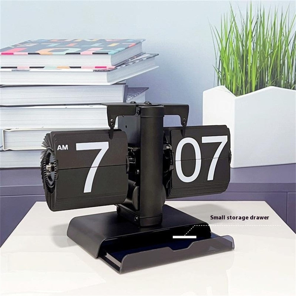 Vintage Auto Flip Clock with Drawer Mechanical Balance Flip Desk Clock for Living Room
