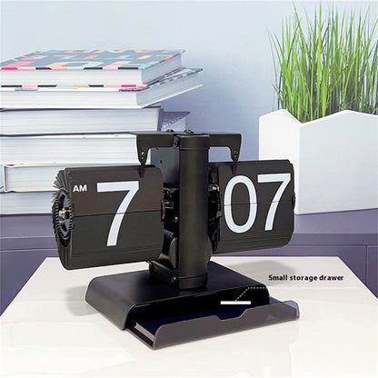 Vintage Auto Flip Clock with Drawer Mechanical Balance Flip Desk Clock for Living Room