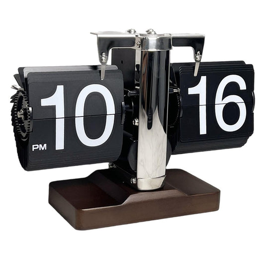 Auto Flip Clock Retro Table Clock Living Room Balance Mechanical Flip Clock with Walnut Square Base