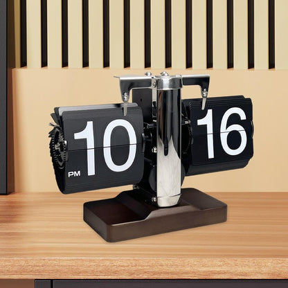 Auto Flip Clock Retro Table Clock Living Room Balance Mechanical Flip Clock with Walnut Square Base