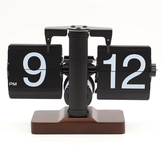 Automatic Flip Clock Retro Simple Home Table Clock Single Foot Stainless Steel Quartz Movement Flip Clock Walnut Square Base