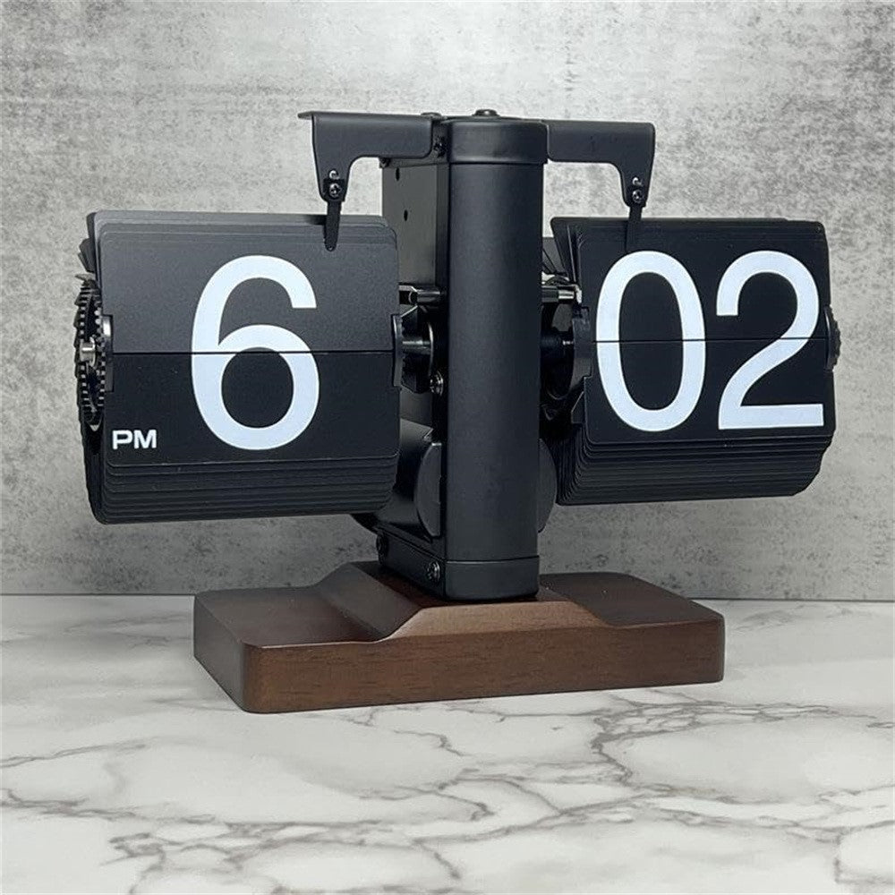 Automatic Flip Clock Retro Simple Home Table Clock Single Foot Stainless Steel Quartz Movement Flip Clock Walnut Square Base