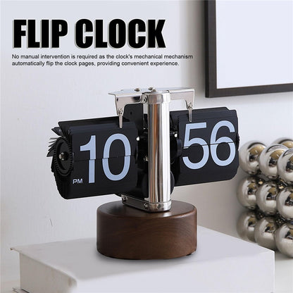Automatic Flip Clock Retro Simple Home Table Clock Single Foot Stainless Steel Quartz Movement Flip Clock Walnut Round Base