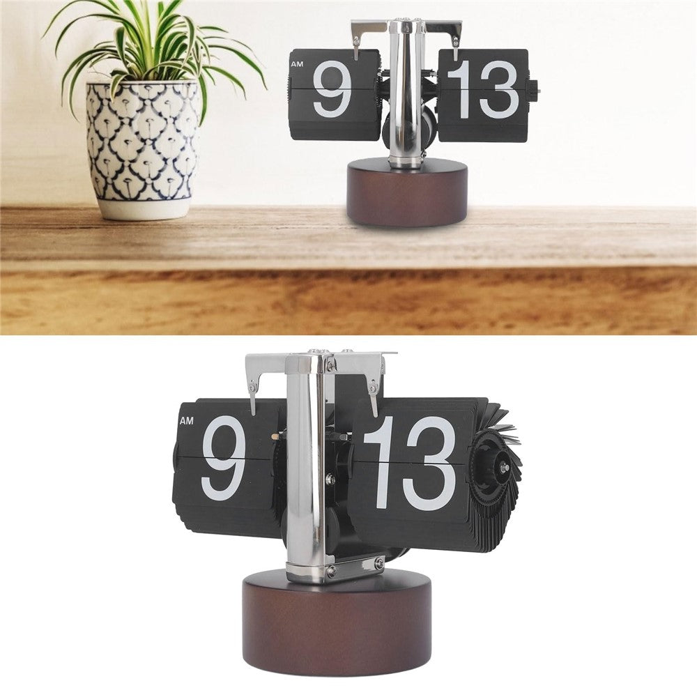 Automatic Flip Clock Retro Simple Home Table Clock Single Foot Stainless Steel Quartz Movement Flip Clock Walnut Round Base
