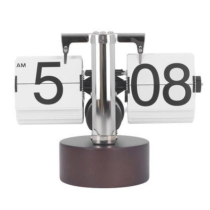 Automatic Flip Clock Retro Simple Home Table Clock Single Foot Stainless Steel Quartz Movement Flip Clock Walnut Round Base