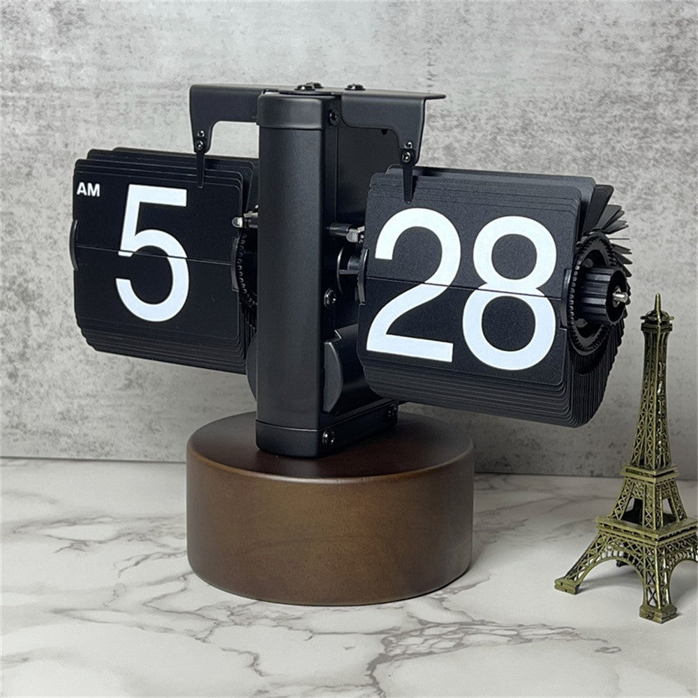 Retro Auto Flip Clock with Walnut Round Base for Home Living Balance Mechanical Desk Flip Clock