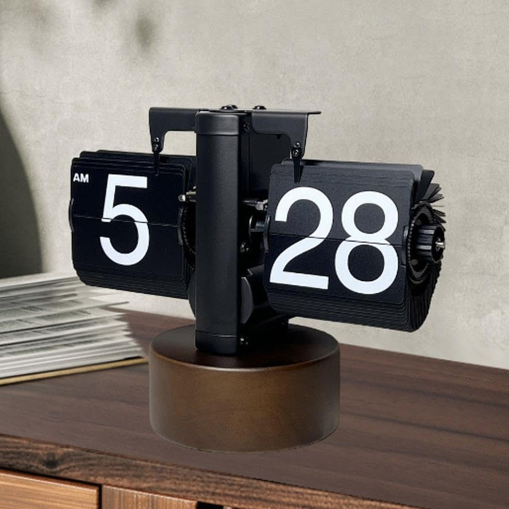 Retro Auto Flip Clock with Walnut Round Base for Home Living Balance Mechanical Desk Flip Clock