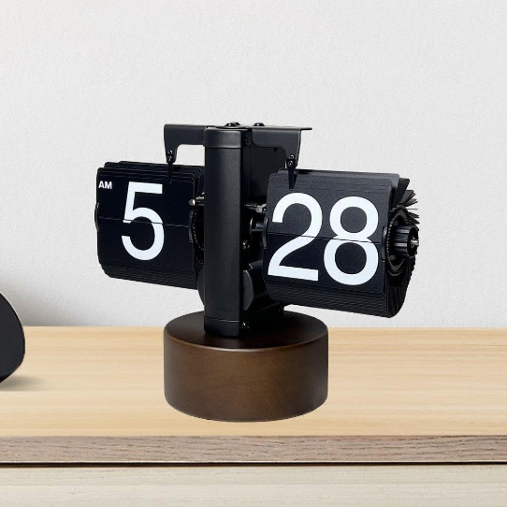 Retro Auto Flip Clock with Walnut Round Base for Home Living Balance Mechanical Desk Flip Clock