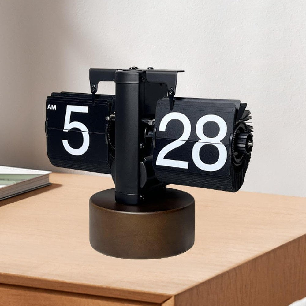 Retro Auto Flip Clock with Walnut Round Base for Home Living Balance Mechanical Desk Flip Clock