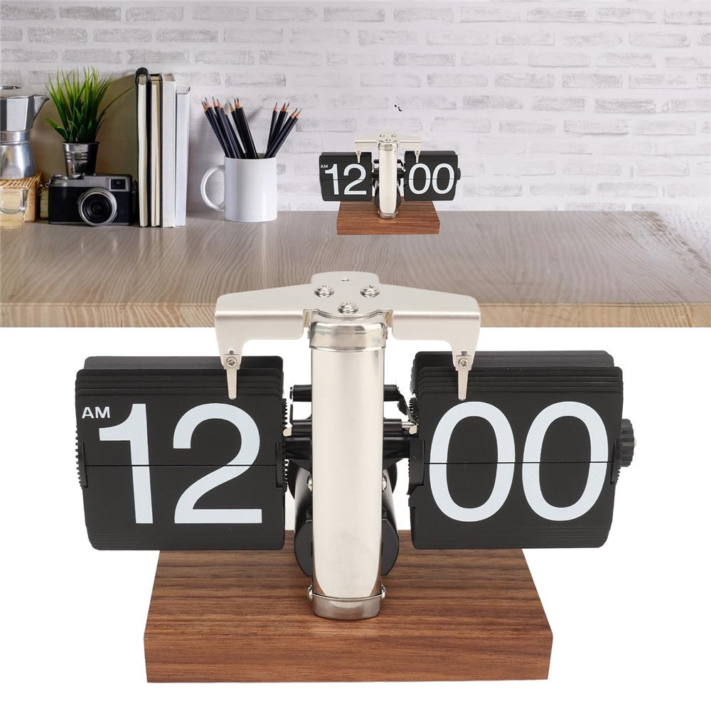 Automatic Flip Clock Retro Simple Desk Clock Single Foot Stainless Steel Quartz Movement Flip Clock Square Walnut Base