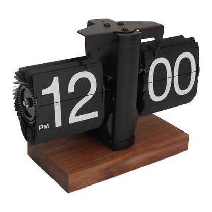 Automatic Flip Clock Retro Home Table Clock Single Foot Stainless Steel Quartz Movement Flip Clock Square Wooden Base
