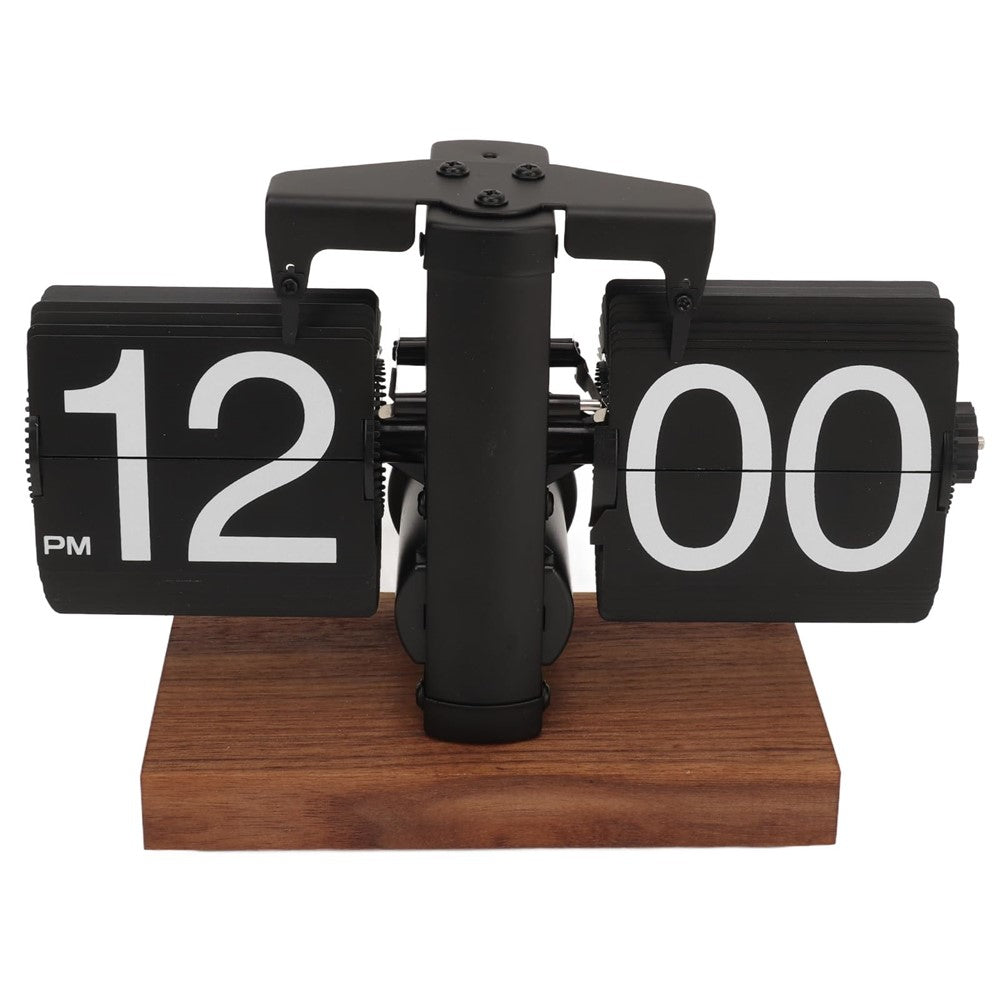 Automatic Flip Clock Retro Home Table Clock Single Foot Stainless Steel Quartz Movement Flip Clock Square Wooden Base