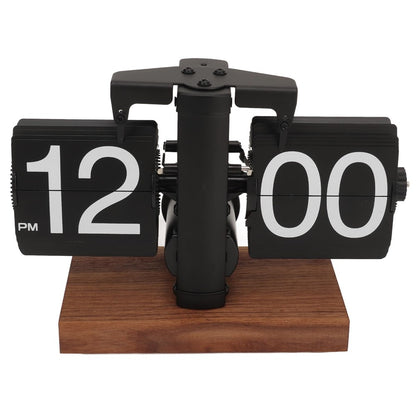 Automatic Flip Clock Retro Home Table Clock Single Foot Stainless Steel Quartz Movement Flip Clock Square Wooden Base