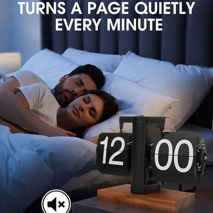 Automatic Flip Clock Retro Home Table Clock Single Foot Stainless Steel Quartz Movement Flip Clock Square Wooden Base