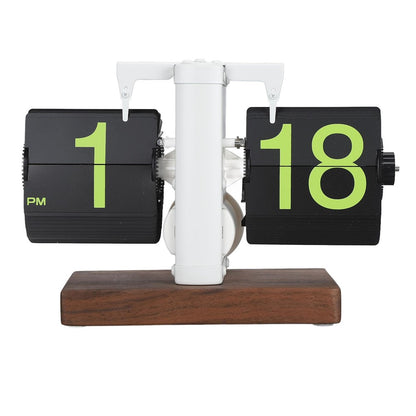 Automatic Flip Clock Retro Home Table Clock Single Foot Stainless Steel Quartz Movement Flip Clock Square Wooden Base