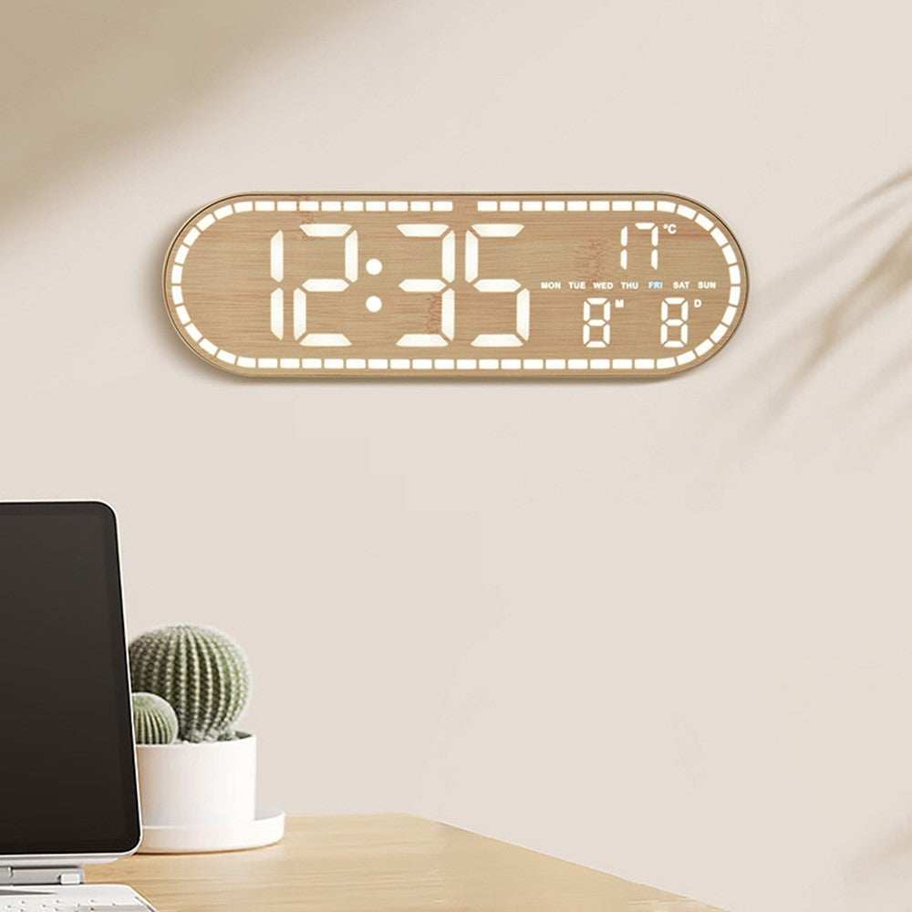 GH8053 Oval Shape Multi-function Wall Clock 4 Brightness Levels Adjustable LED Electronic Clock with Date and Temperature Display