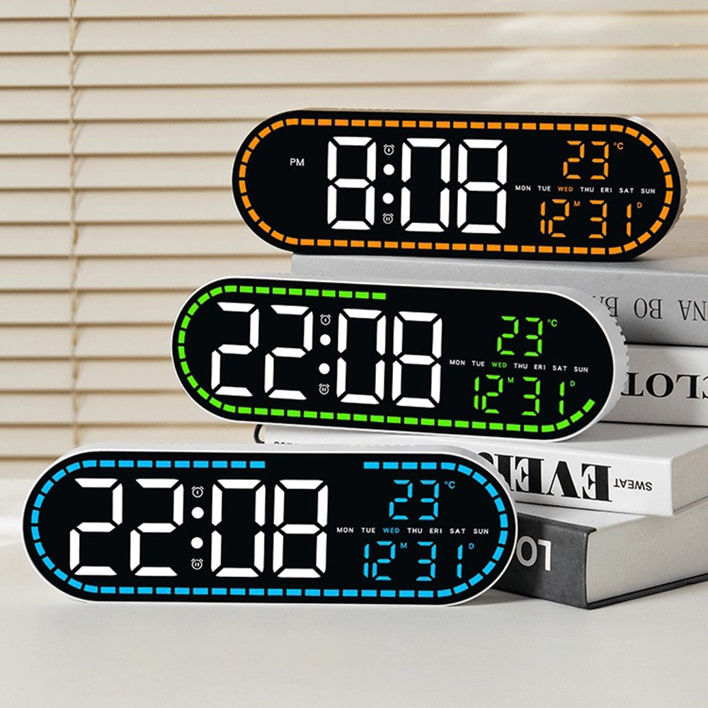 GH9009 Multifunctional Temperature Humidity Wall Clock Oval Shape LED Digital Alarm Clock for Living Room Bedroom