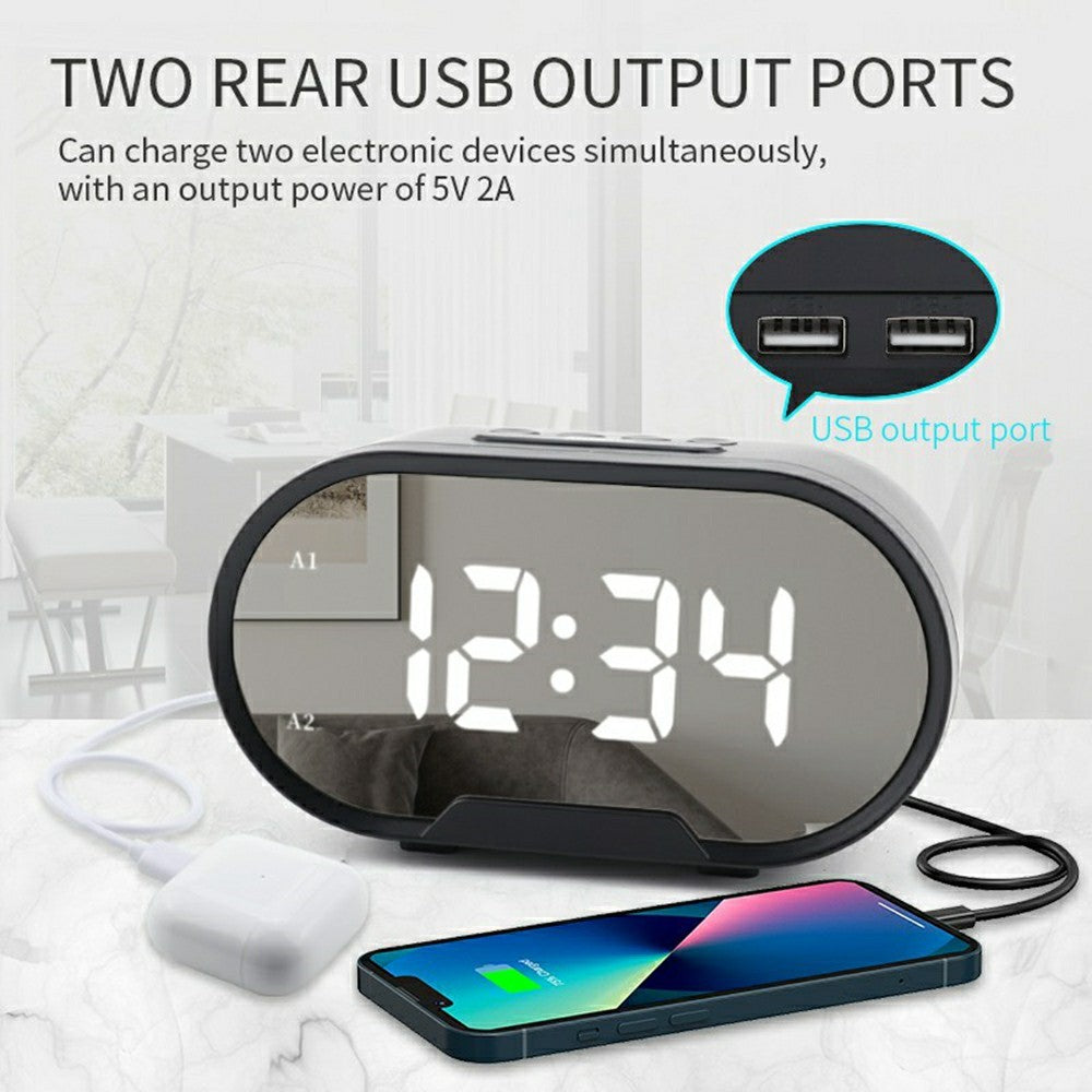 TS-R900 5.5 Inch LED Mirror Clock Dual USB Charging Stepless Brightness Digital Alarm Clock for Bedroom