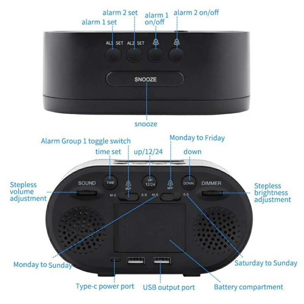 TS-R900 5.5 Inch LED Mirror Clock Dual USB Charging Stepless Brightness Digital Alarm Clock for Bedroom