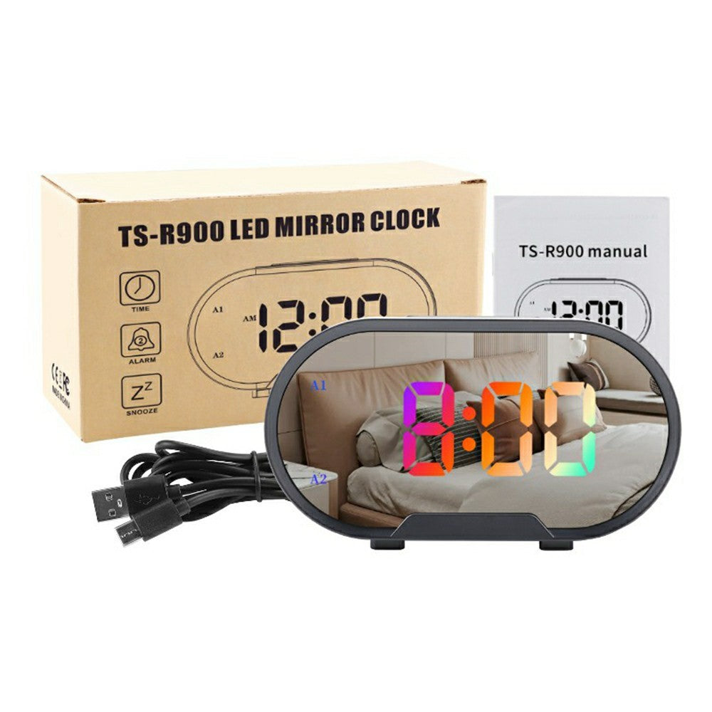 TS-R900 LED Digital Alarm Clock 5.5 Inch Mirror Display Dual USB Charging Desk Clock for Bedroom Desktop