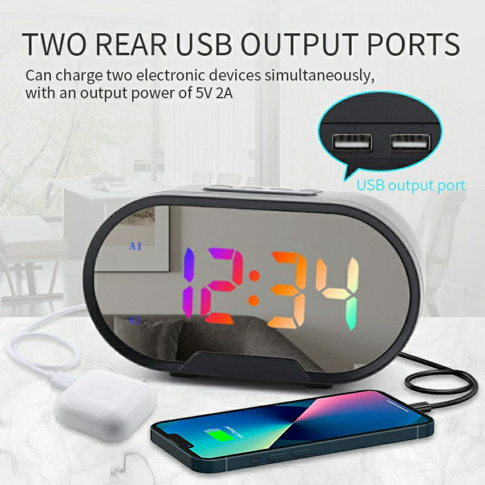 TS-R900 LED Digital Alarm Clock 5.5 Inch Mirror Display Dual USB Charging Desk Clock for Bedroom Desktop